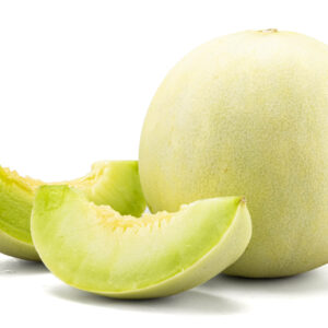 Slices of Honey Dew Rockmelon sitting next to a whole fruit on a white background