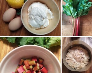 four pictures of ingredients for Rhubarb cake