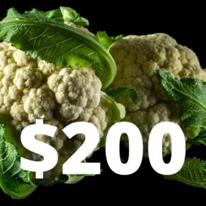Two cauliflowers on a dark background with a gift voucher value of $200