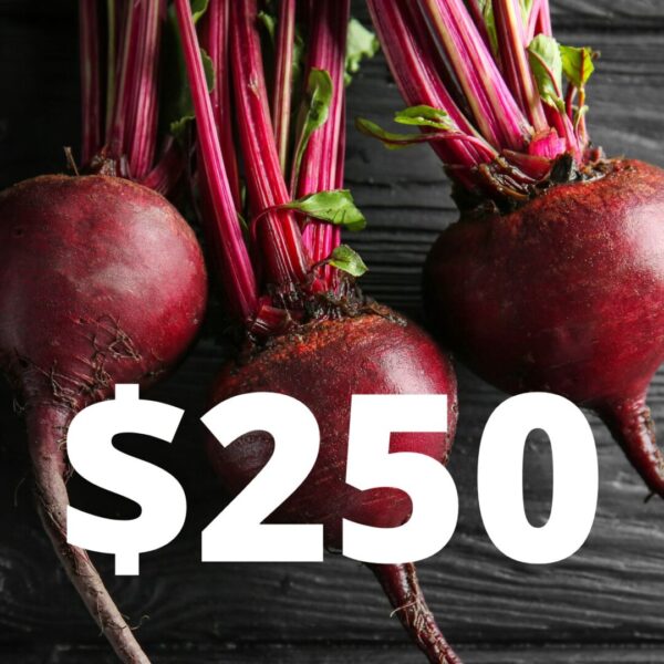 Freshly picked beetroots sitting on a bench with $250 gift voucher